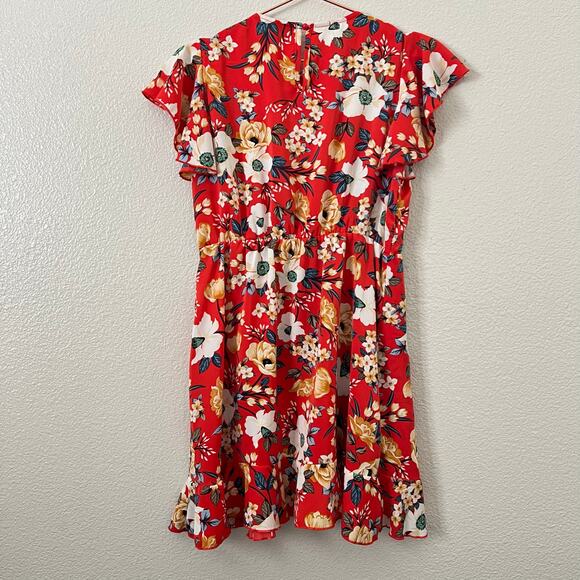 SHEIN red floral faux wrap ruffle dress flutter sleeves - Picture 4 of 7